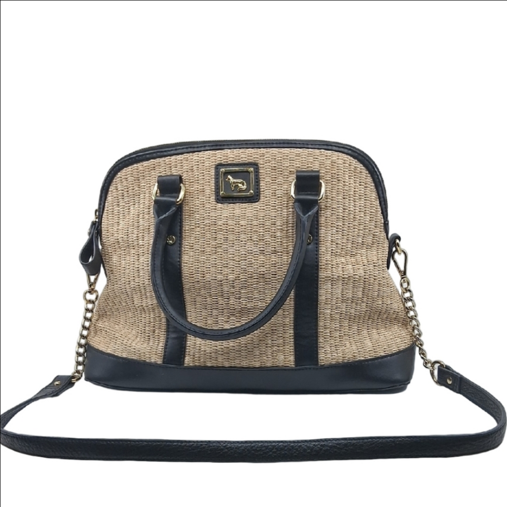 Emma Fox Straw & Leather Trimmed Tan & Black Satchel W/ Removable Strap